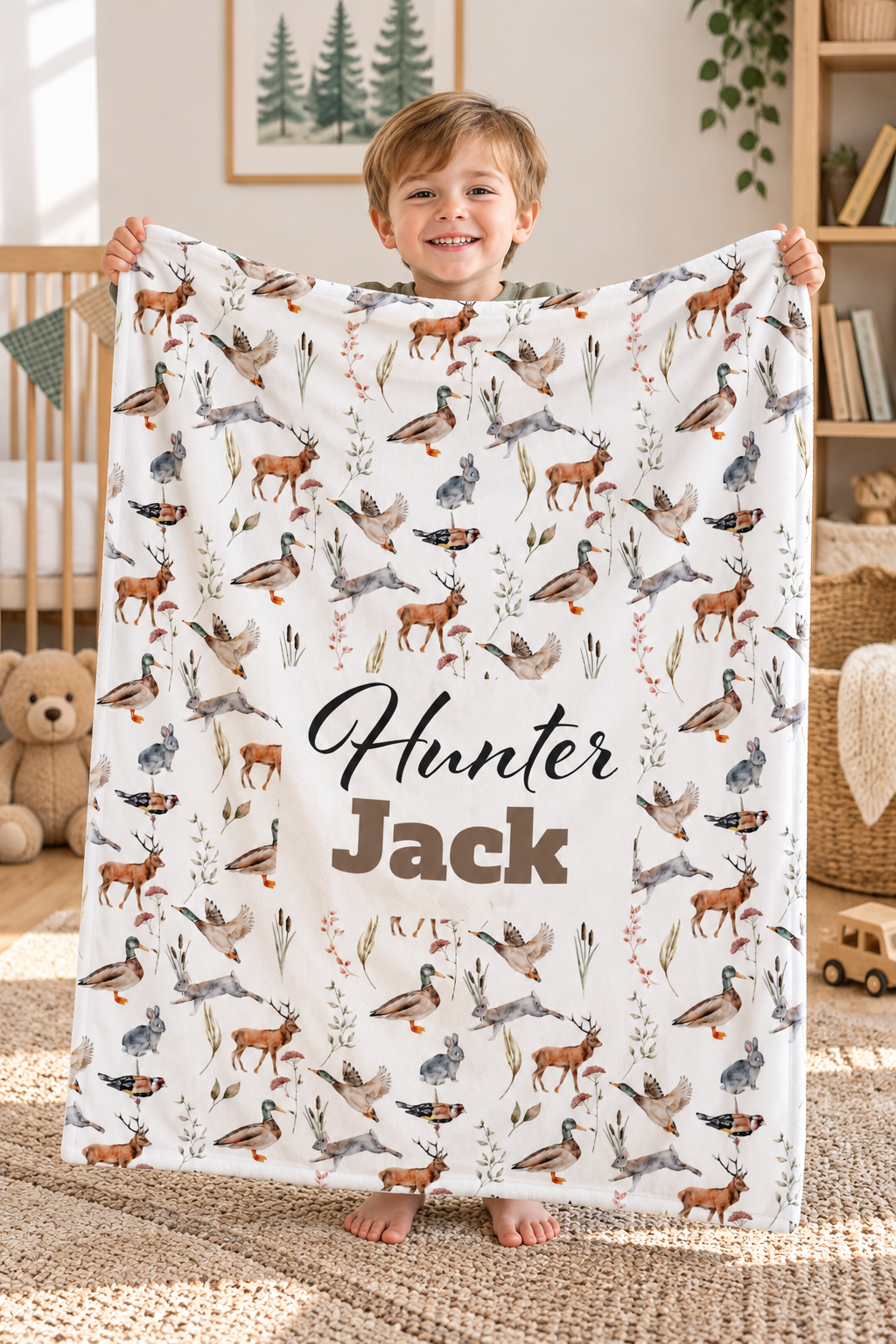 Personalised hunting blanket in the 50 by 60 inch size, ducks and deer with a name