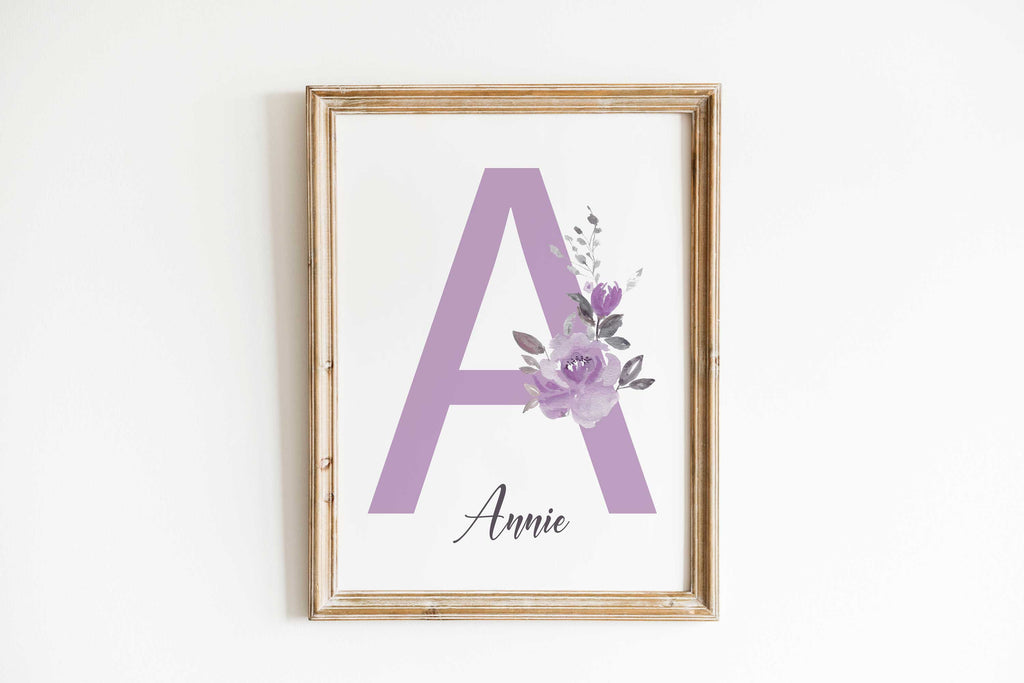 Purple flower decor nursery, Lilac Girl Name print, Lavender Nursery Art