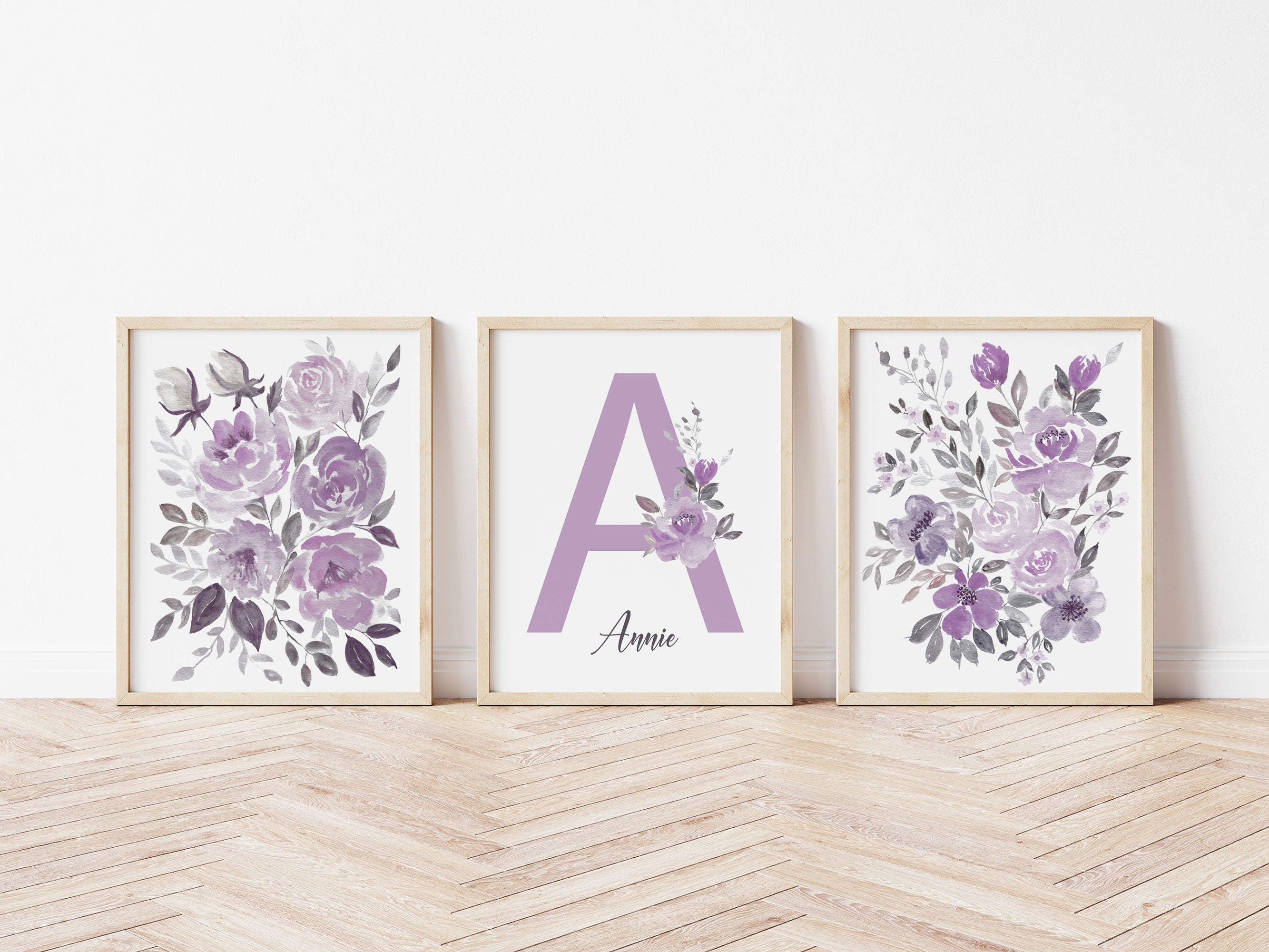 Décoration de crèche fleurs violettes, Prénom de fille lilas, Art mural lavande pour chambre de bébé Image secondaire du produit