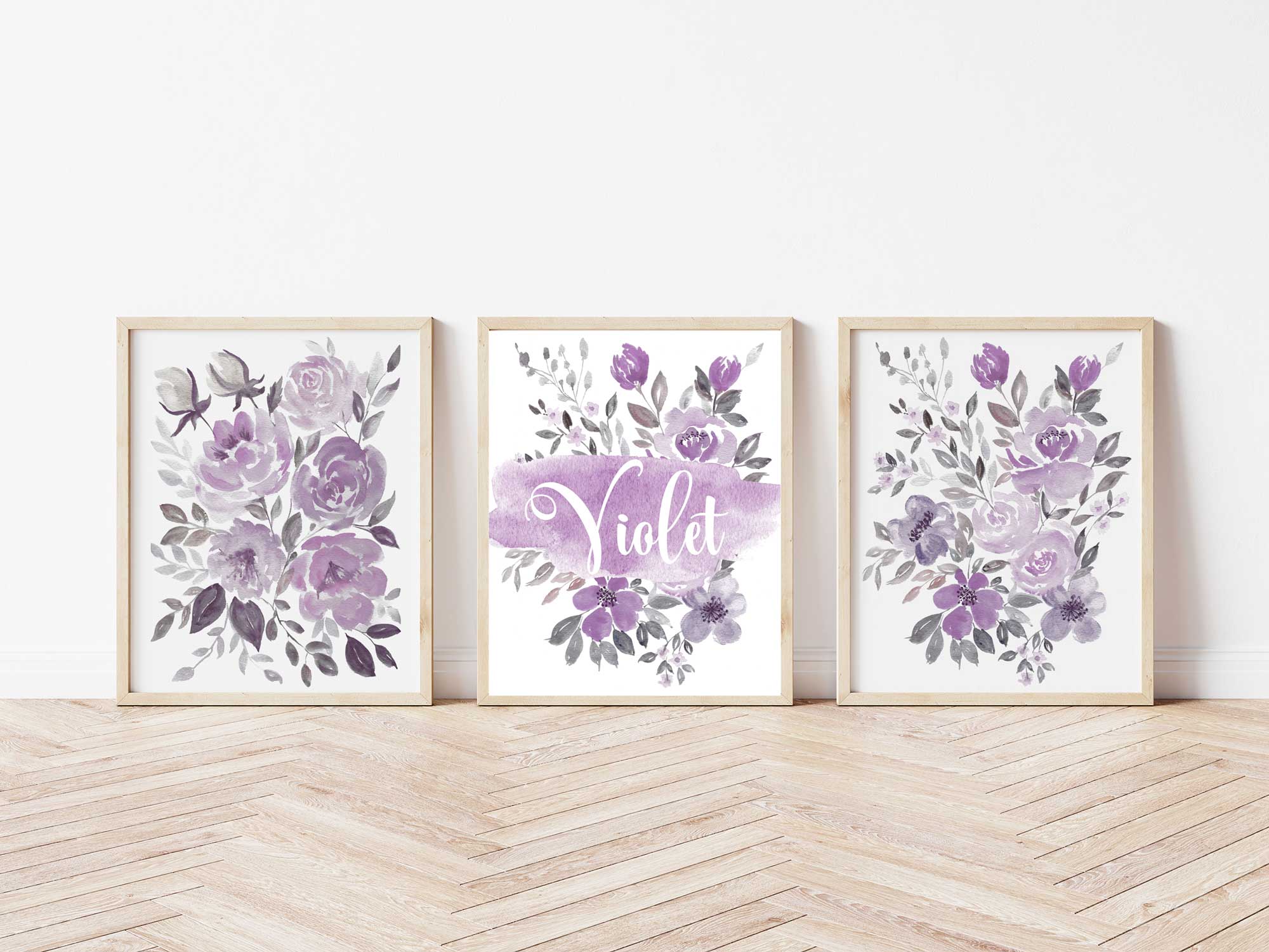 Decoración de cuarto de bebé lila, Impresión floral para cuarto de bebé con nombre Imagen secundaria del producto