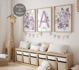 Decoración floral morada para guardería, lámina con nombre de niña lila, arte de lavanda para guardería