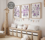 Decoración de guardería morada, lámina floral con nombre para niña