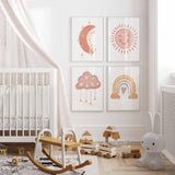 Set of 4 Nursery Prints, Sun Moon Rainbow Clouds Baby Room Decor, Cute Kid's Wall Art, Newborn Gifts, Pastel Neutral Girl Boho Poster