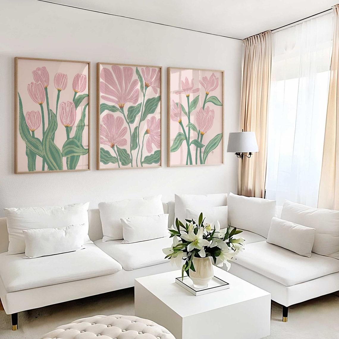 Boho Abstract Flowers, Print Set of 3, Floral Terracotta Prints, Boho Wall Art, Flower Market Poster, Pink and green wall art Main image