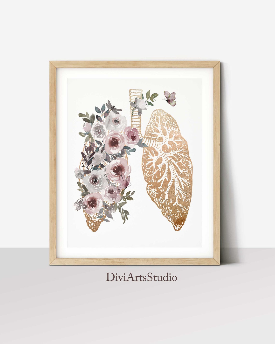 Lungs Art Print, Gold Anatomy Poster, Medical Wall Art, Doctor Office Decor, Med Student Graduation Gift, Watercolor Lungs With Flowers Secondary image
