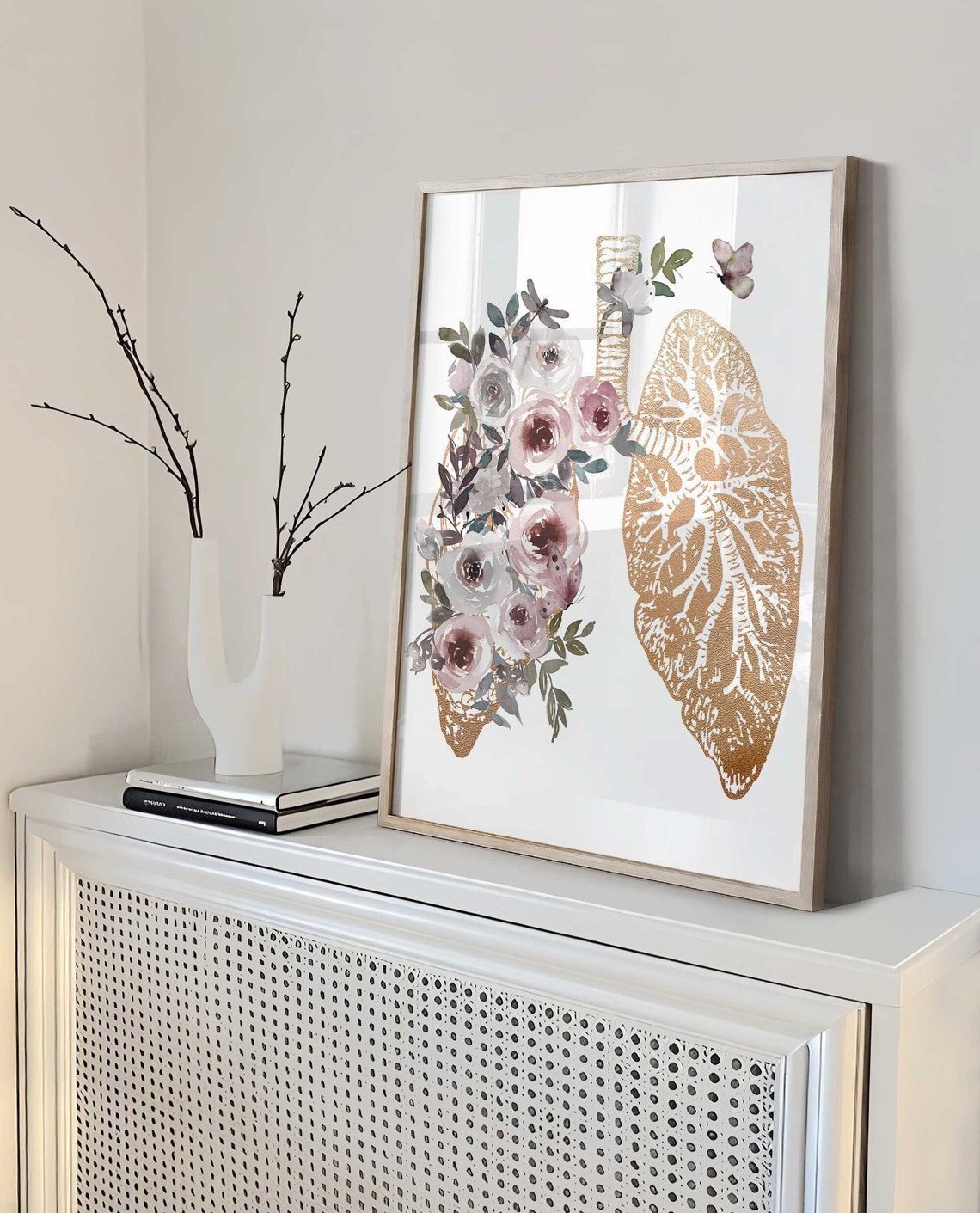 Lungs Art Print, Gold Anatomy Poster, Medical Wall Art, Doctor Office Decor, Med Student Graduation Gift, Watercolor Lungs With Flowers Main image