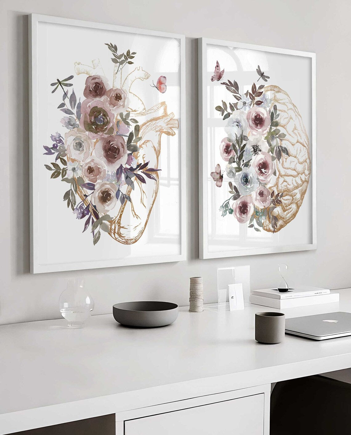 Anatomy Poster, Brain Floral, Gold Heart Print, Set of 2, Medical Student Gift, Doctor Office Decor, Psychologist Gift, Anatomical Art Main image