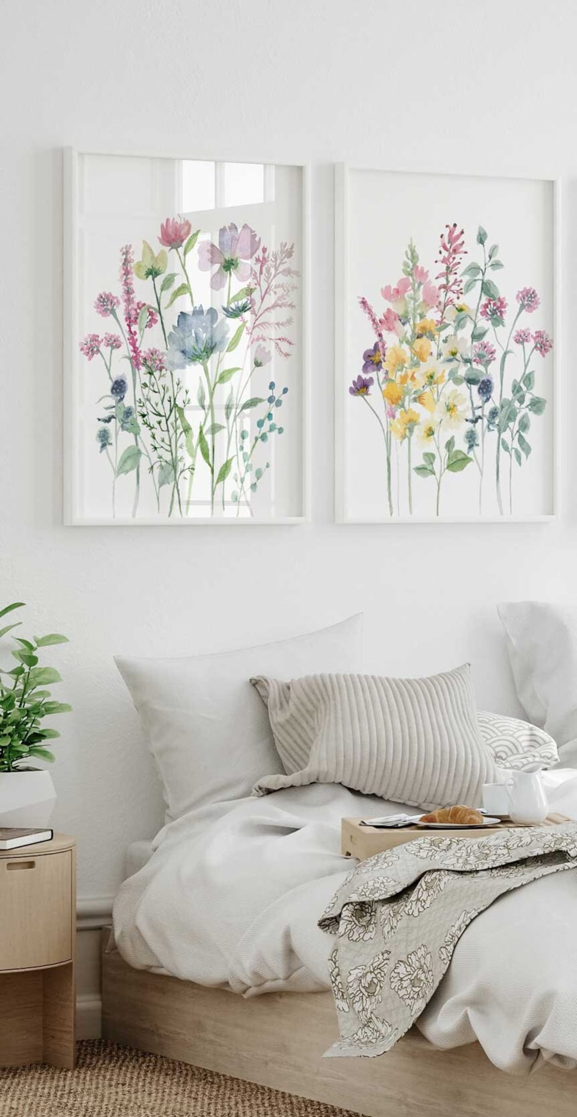 Wildflowers Set of 2 Prints, Wildflowers Wall Art, Bedroom floral art, living room Flowers wall art, pastel flowers, Botanical wall art Main image