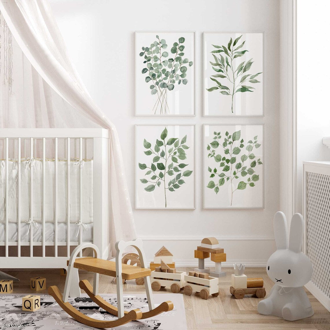 Set of 4 Leaf Print, Watercolor Leaf Wall Art, Botanical Greenery Nursery, Eucalyptus Leaf Print, Living Room Decor, Plant Lovers Gift