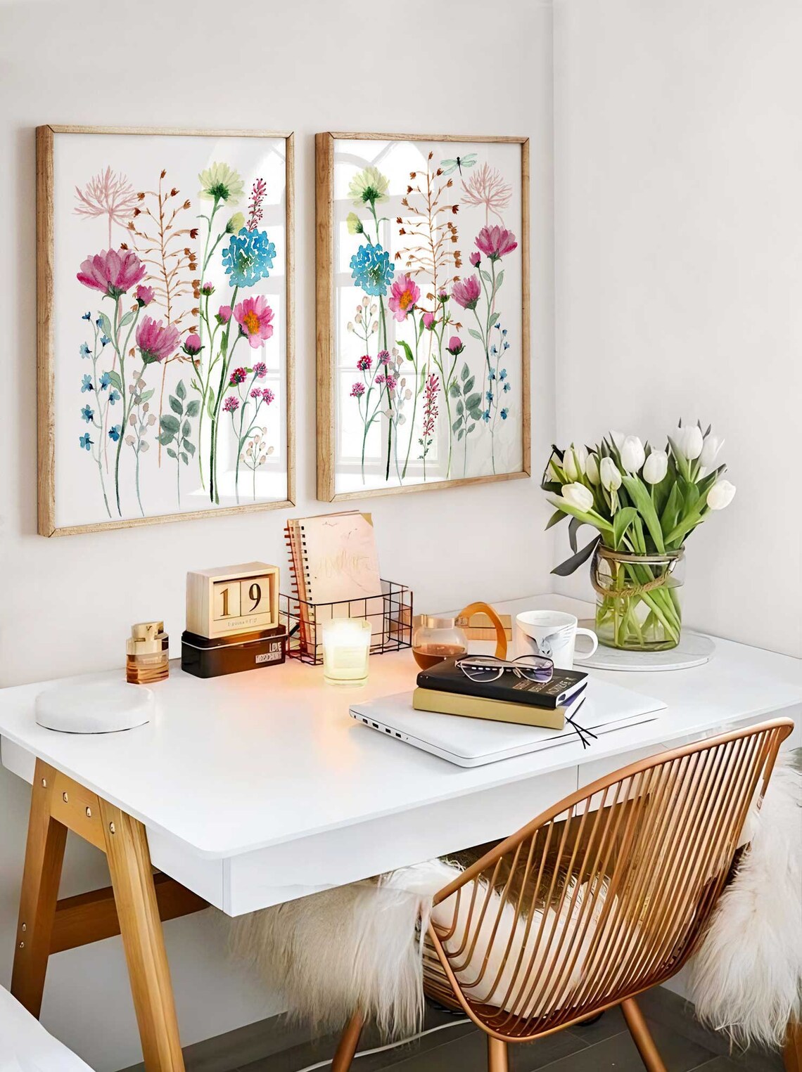 Láminas de flores silvestres para pared, Decoración floral para sala, Láminas de flores en acuarela, Set de 2 láminas, Arte floral de pared rosa y azul Imagen secundaria del producto
