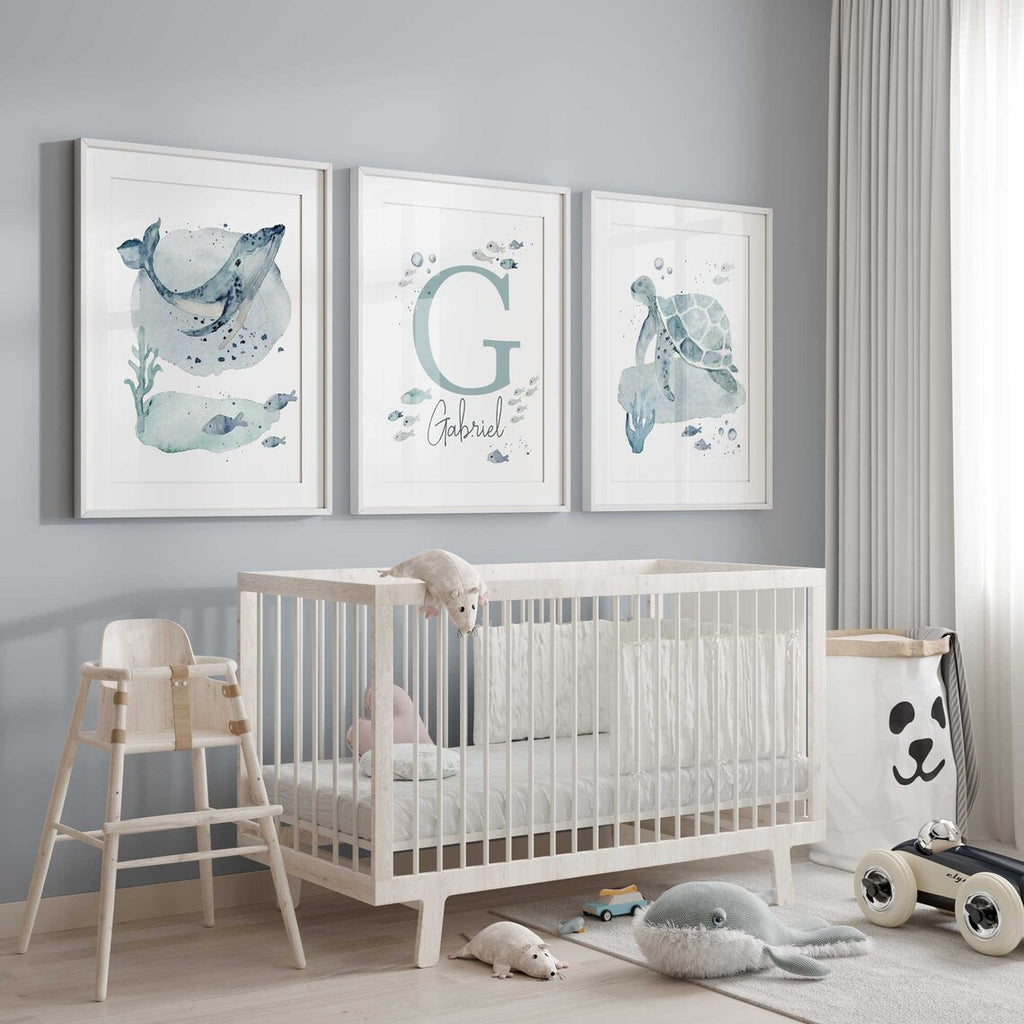 Under The Sea Watercolor, Ocean Nursery Prints, Sea Animals Personalized Boy Name Print, Whale Turtle Fish Baby Room Decor Custom Name