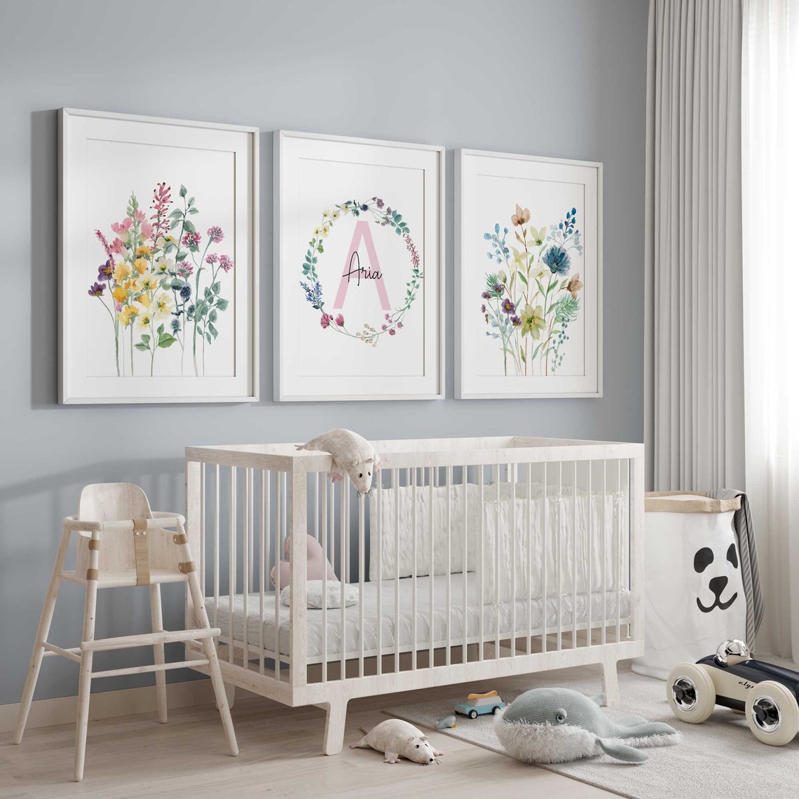 Wildflowers Nursery prints, Girl Nursery Decor, Pastel Girl Name Print, Baby Room Decor, flower Name Personalized, Floral Nursery Wall Art Main image