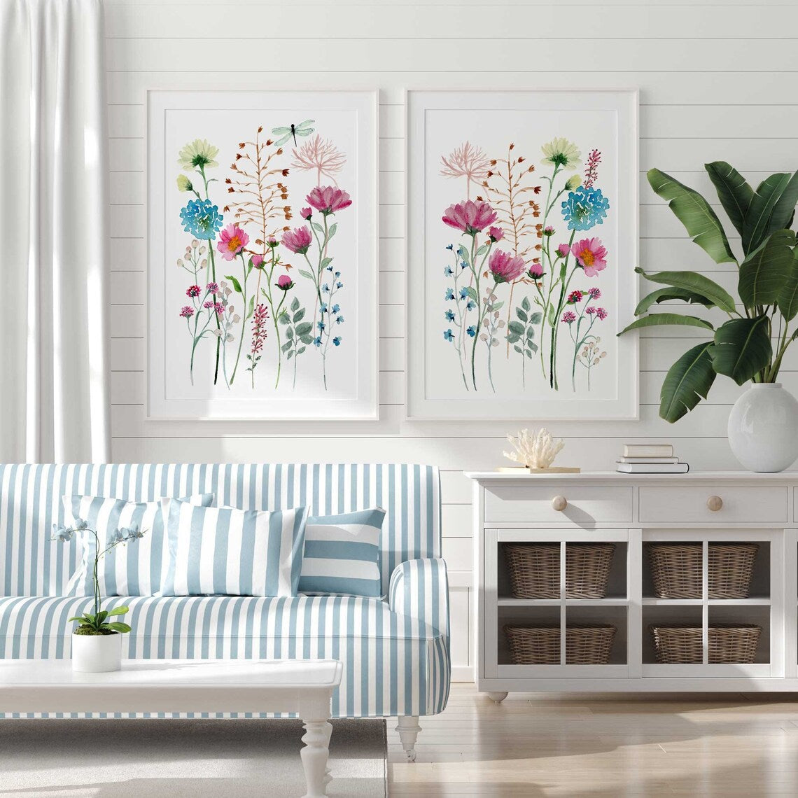 Wildflower prints for wall art, Living room floral decor, Watercolor flowers prints, Set of 2 art prints, pink blue floral wall art Main image