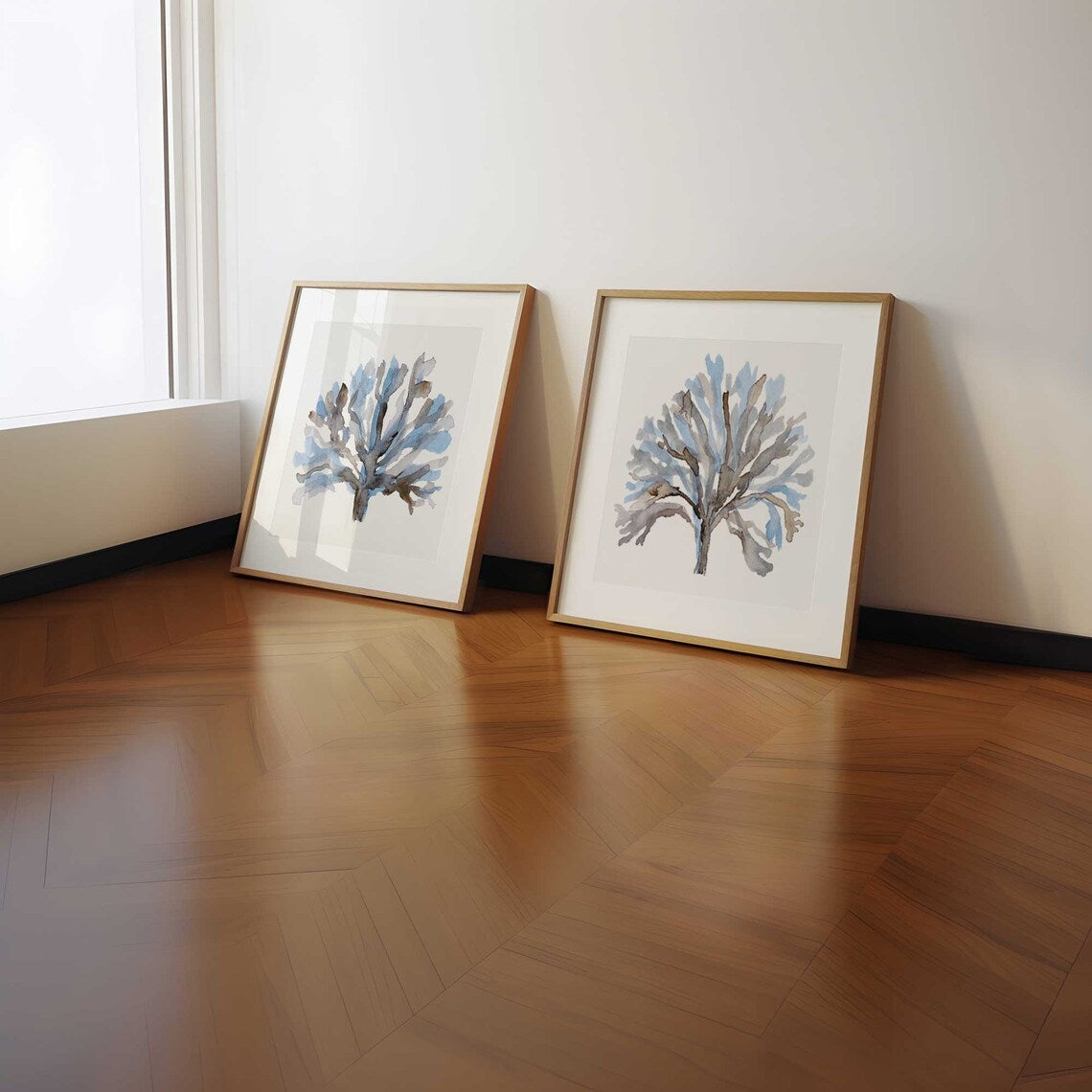 Algas Marinas Azules, Arte Minimalista Acuarela, Decoración de Pared Costera, Arte Casa de Playa, Set de 2 Láminas de Coral, Plantas Acuáticas, Moderno Estilo Hamptons Imagen secundaria del producto