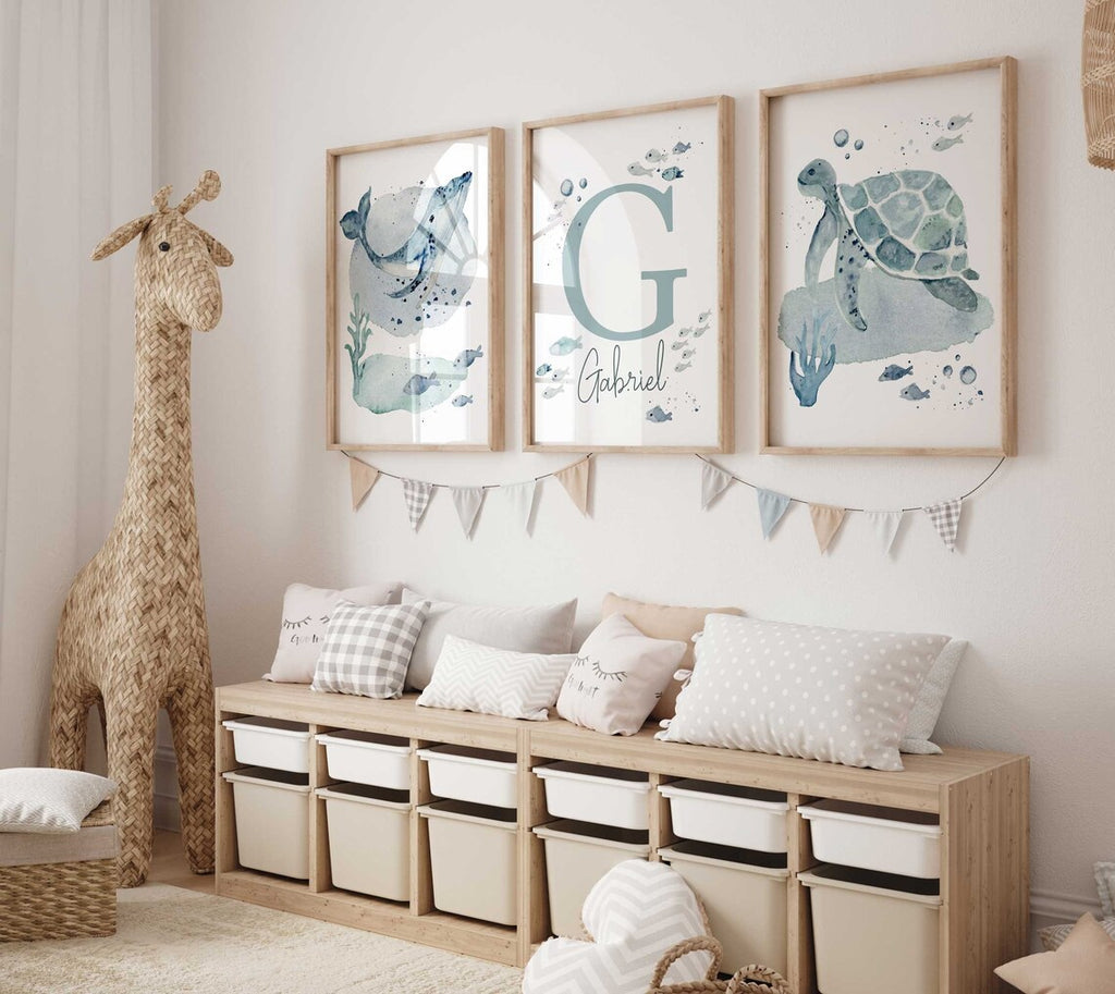 Under The Sea Watercolor, Ocean Nursery Prints, Sea Animals Personalized Boy Name Print, Whale Turtle Fish Baby Room Decor Custom Name