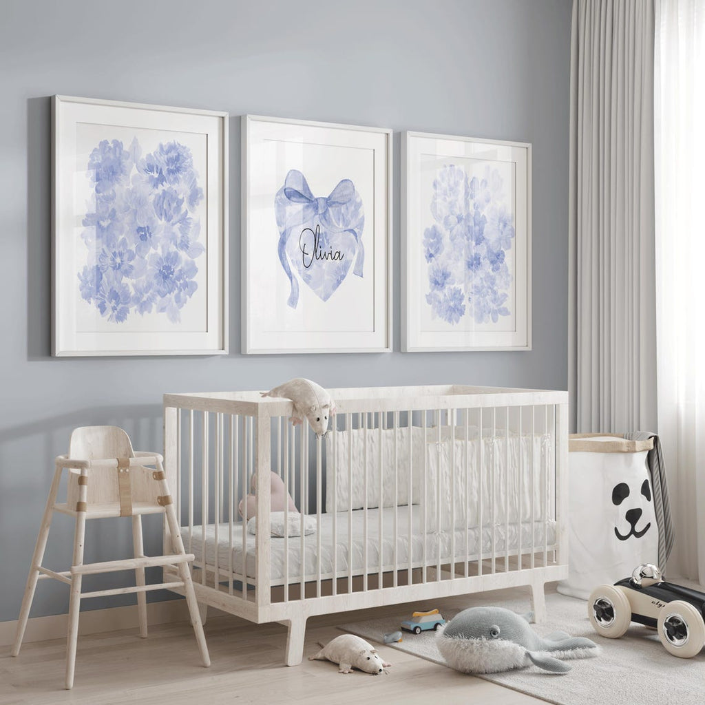 Blue Nursery Wildflower Print, Custom Girl Name Initial, Girl Monogram Name Print, Watercolor Floral, Baby Name Sign, Personalized Nursery Name