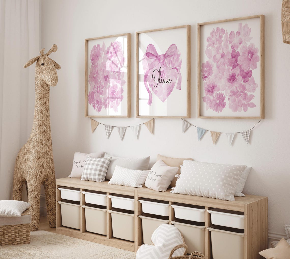 Pink Nursery Wildflower Print, Custom Girl Name Initial, Girl Monogram Name Print, Watercolor Floral, Baby Name Sign, Personalized Nursery Name