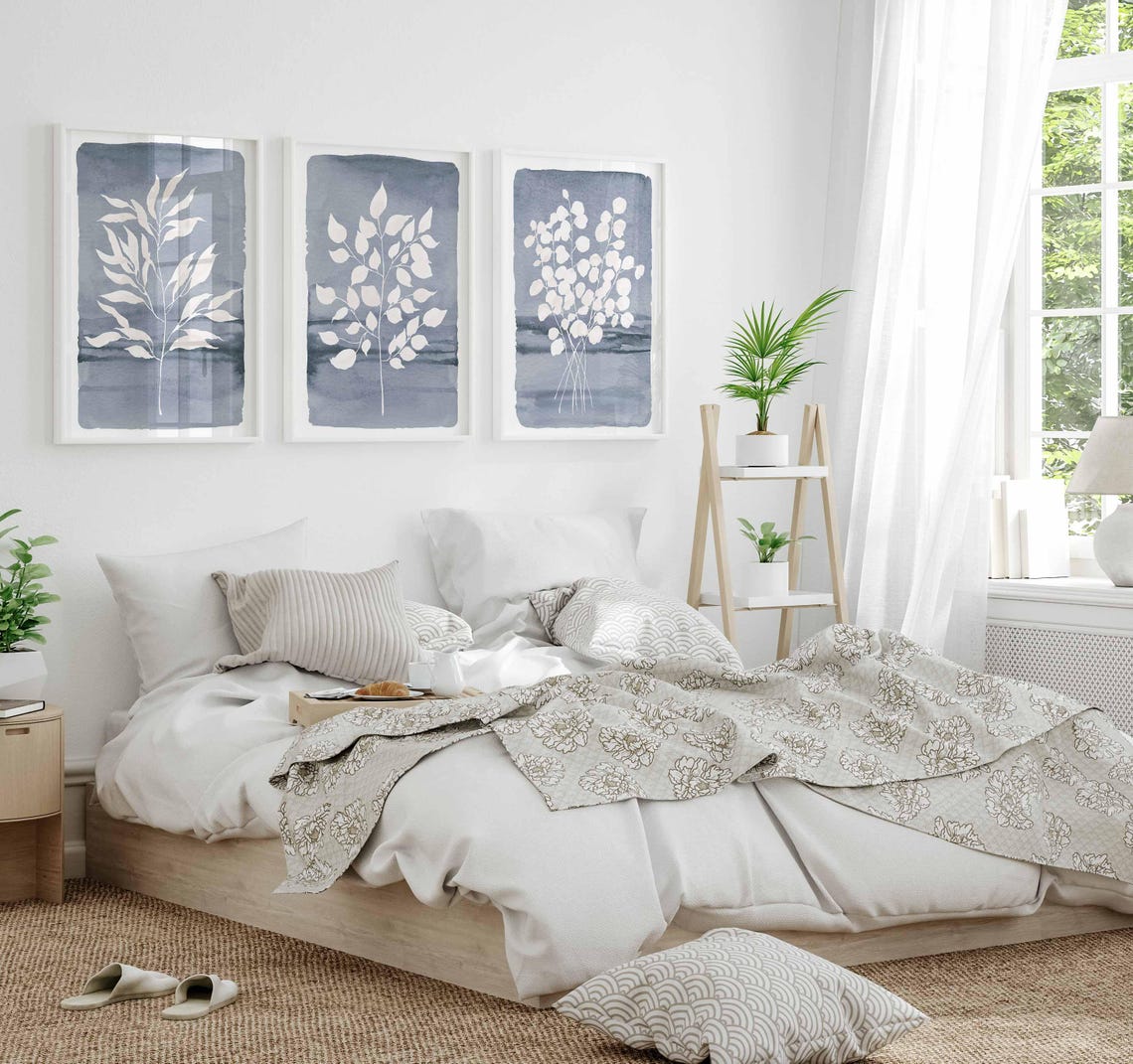Navy Blue Wall Art, Botanical Leaf Print, Dusty Blue Wall Decor, Living Room Decor, Eucalyptus Blue Bedroom wall art, Blue Bathroom Prints Secondary image