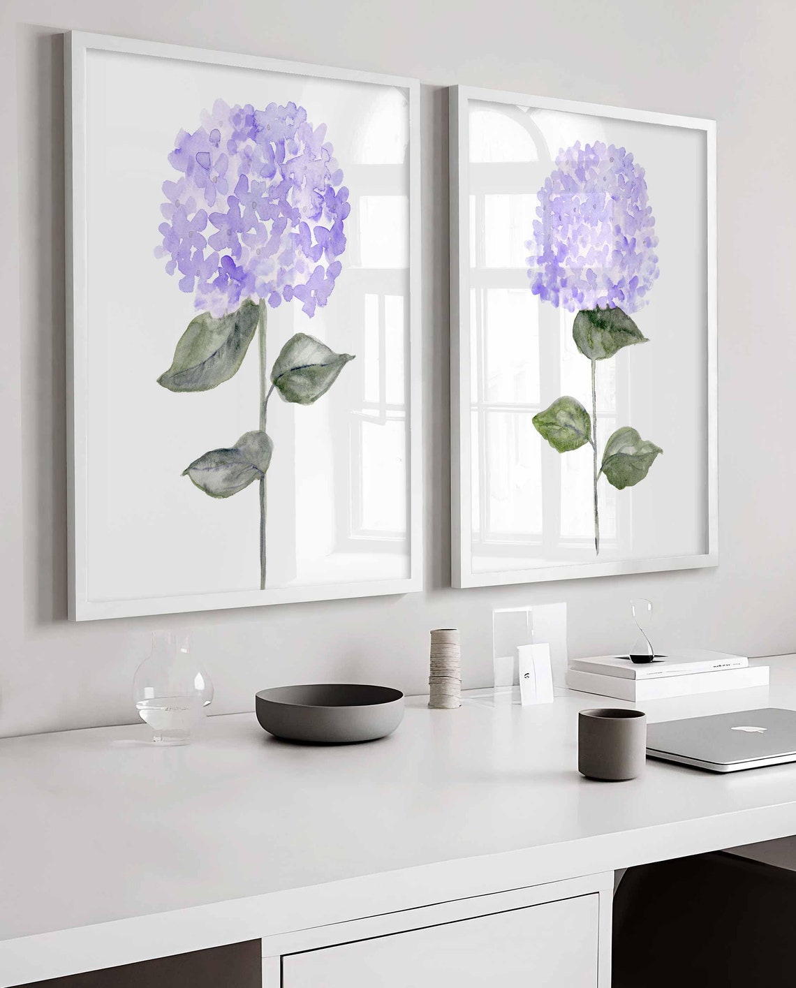 Purple Flower Wall Art, Hydrangea Watercolor, Set of Two Prints, Purple Hydrangea Painting, Botanical Floral Prints, Set of 2 Flowers Main image