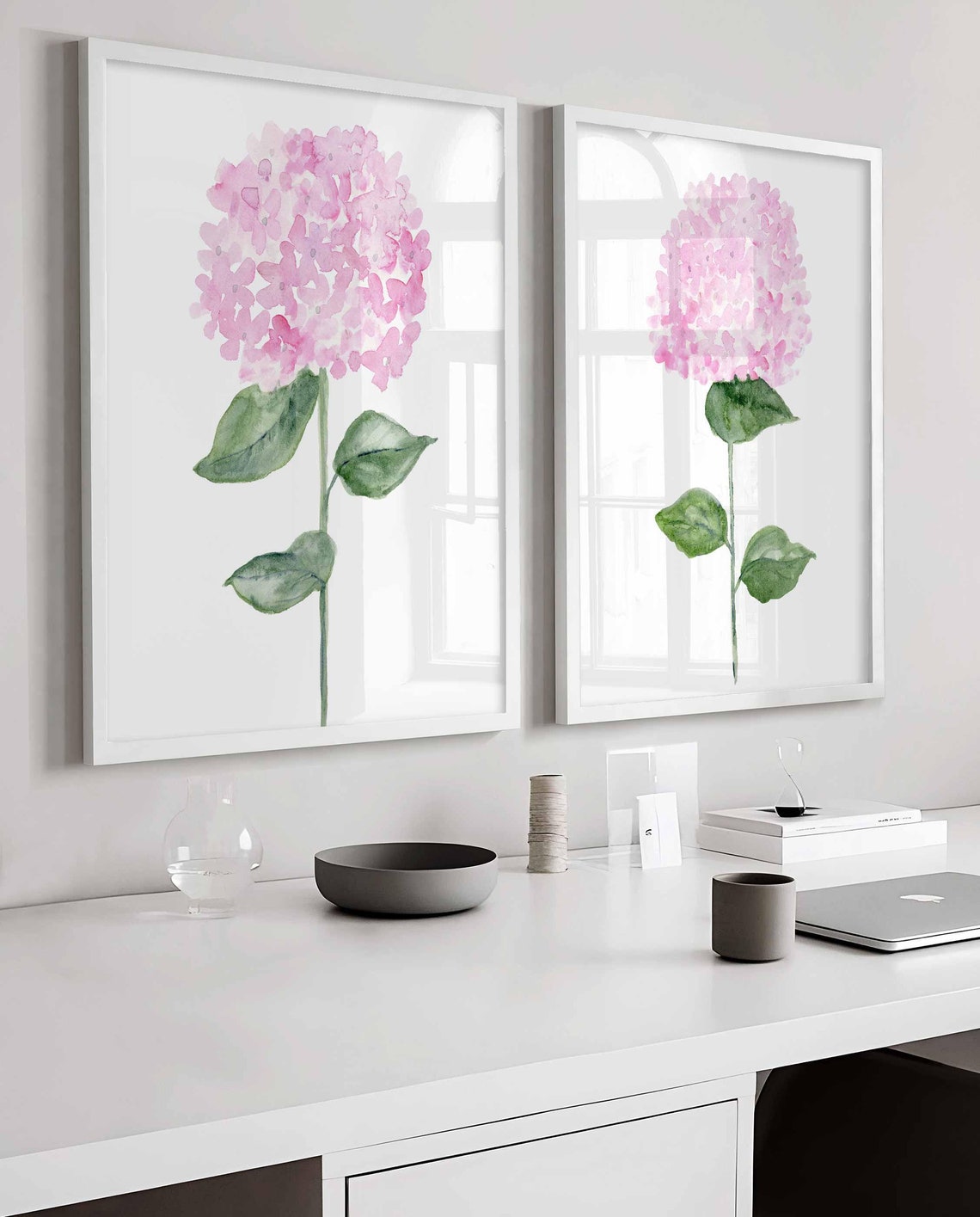 Pink Hydrangea Watercolor, Set of Two Prints, Soft Pink Hydrangea Painting, Botanical Floral Prints, Set of 2 Flowers, Blush Flower Wall Art