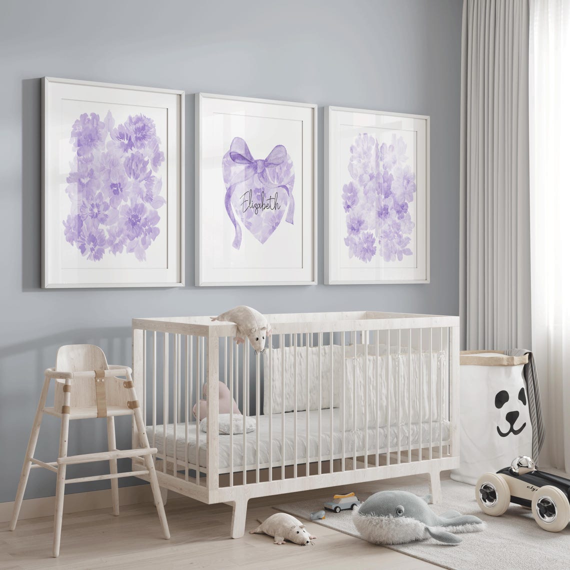 Purple Nursery Wildflower Print, Custom Girl Name Initial, Girl Monogram Name Print, Watercolor Floral, Baby Name Sign, Personalized Nursery Name Main image
