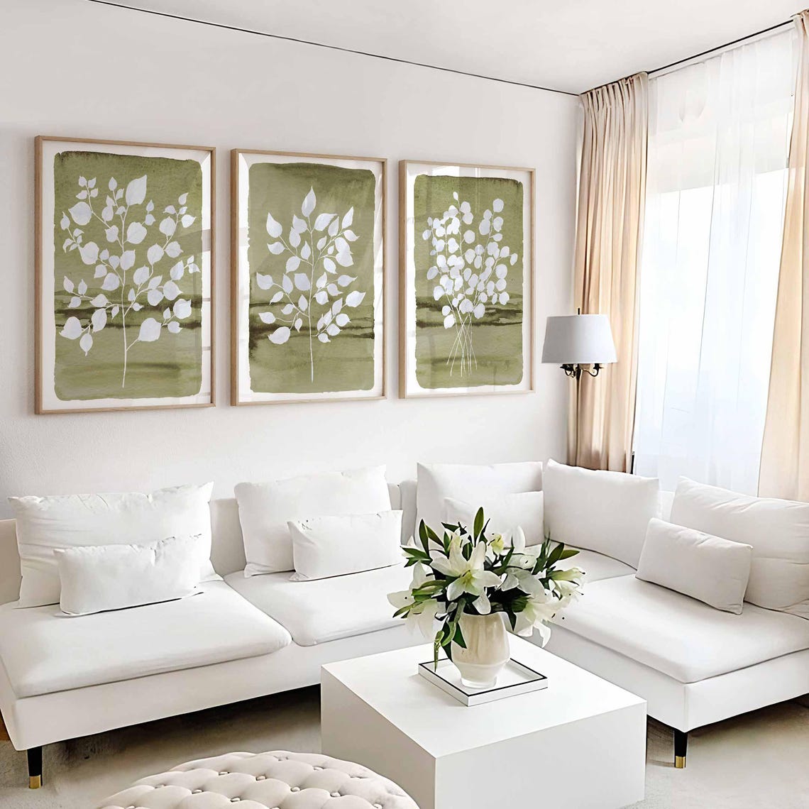 Sage Green Wall Art, Three Piece Triptych, Eucalyptus Prints, Botanical Leaf Wall Decor, Watercolor Leaves Living room decor, Monochromatic Main image