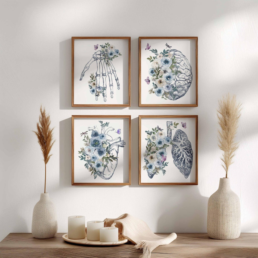 Medical office wall art, Doctor Graduation Gifts, Human Brain heart lungs hand, Floral Anatomy Poster Set, Anatomical flowers Print