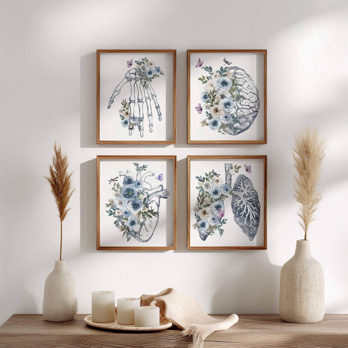 Medical office wall art, Doctor Graduation Gifts, Human Brain heart lungs hand, Floral Anatomy Poster Set, Anatomical flowers Print