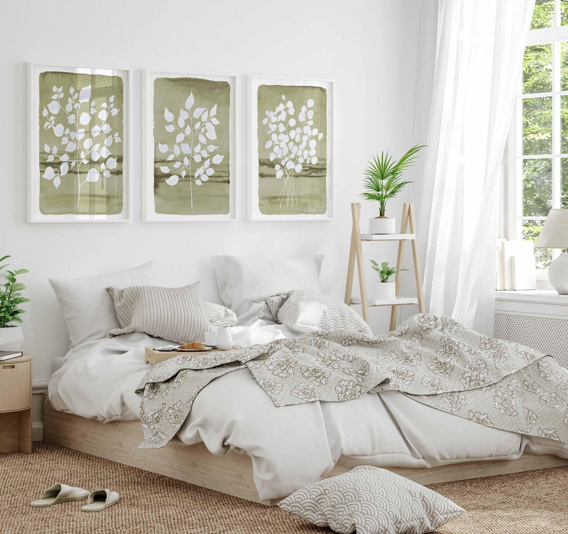 Sage Green Wall Art, Three Piece Triptych, Eucalyptus Prints, Botanical Leaf Wall Decor, Watercolor Leaves Living room decor, Monochromatic Secondary image