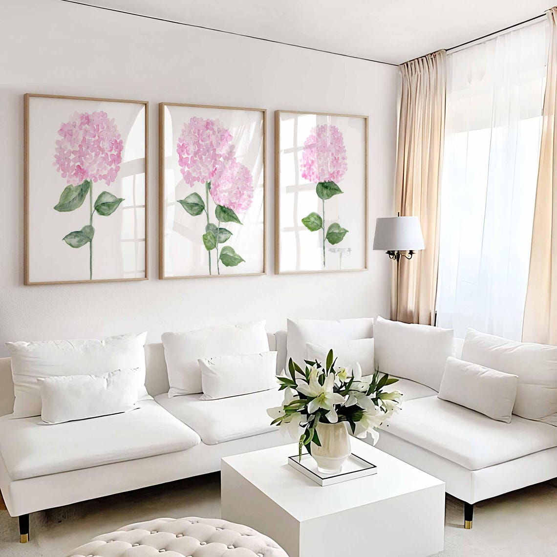 Pink Hydrangea Print Set, Pink Botanical flowers set of 3, Watercolour Hydrangea painting, Hydrangea wall art, Pink Hydrangea wall décor Main image