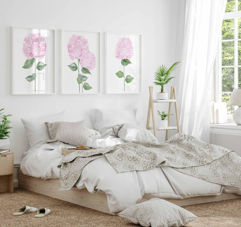Pink Hydrangea Print Set, Pink Botanical flowers set of 3, Watercolour Hydrangea painting, Hydrangea wall art, Pink Hydrangea wall décor