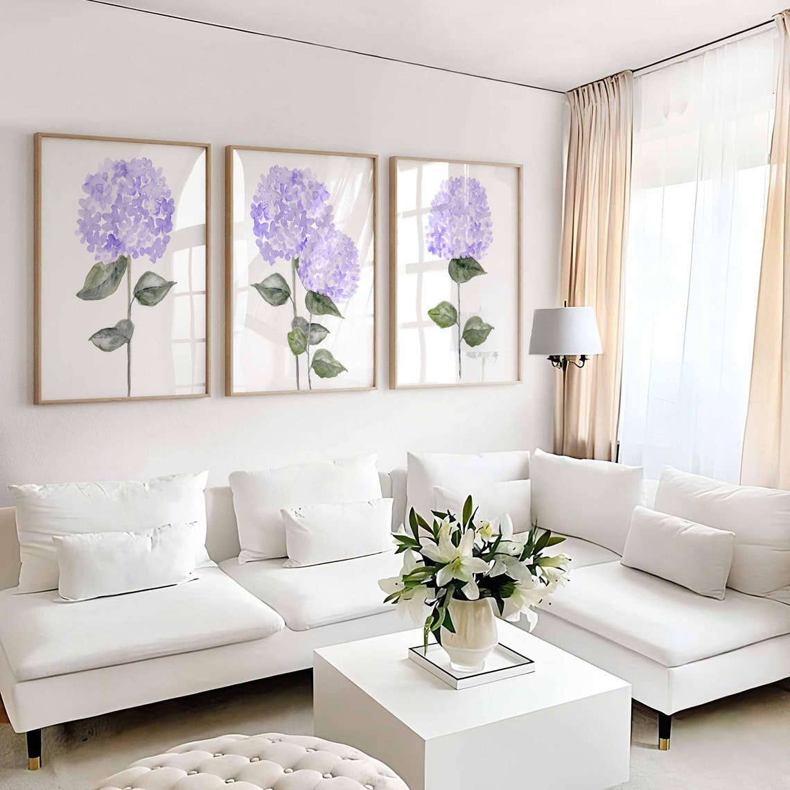 Purple Hydrangea Print Set, Purple Botanical flowers set of 3, Watercolour Hydrangea painting, Hydrangea wall art, Violet Nursery décor Main image