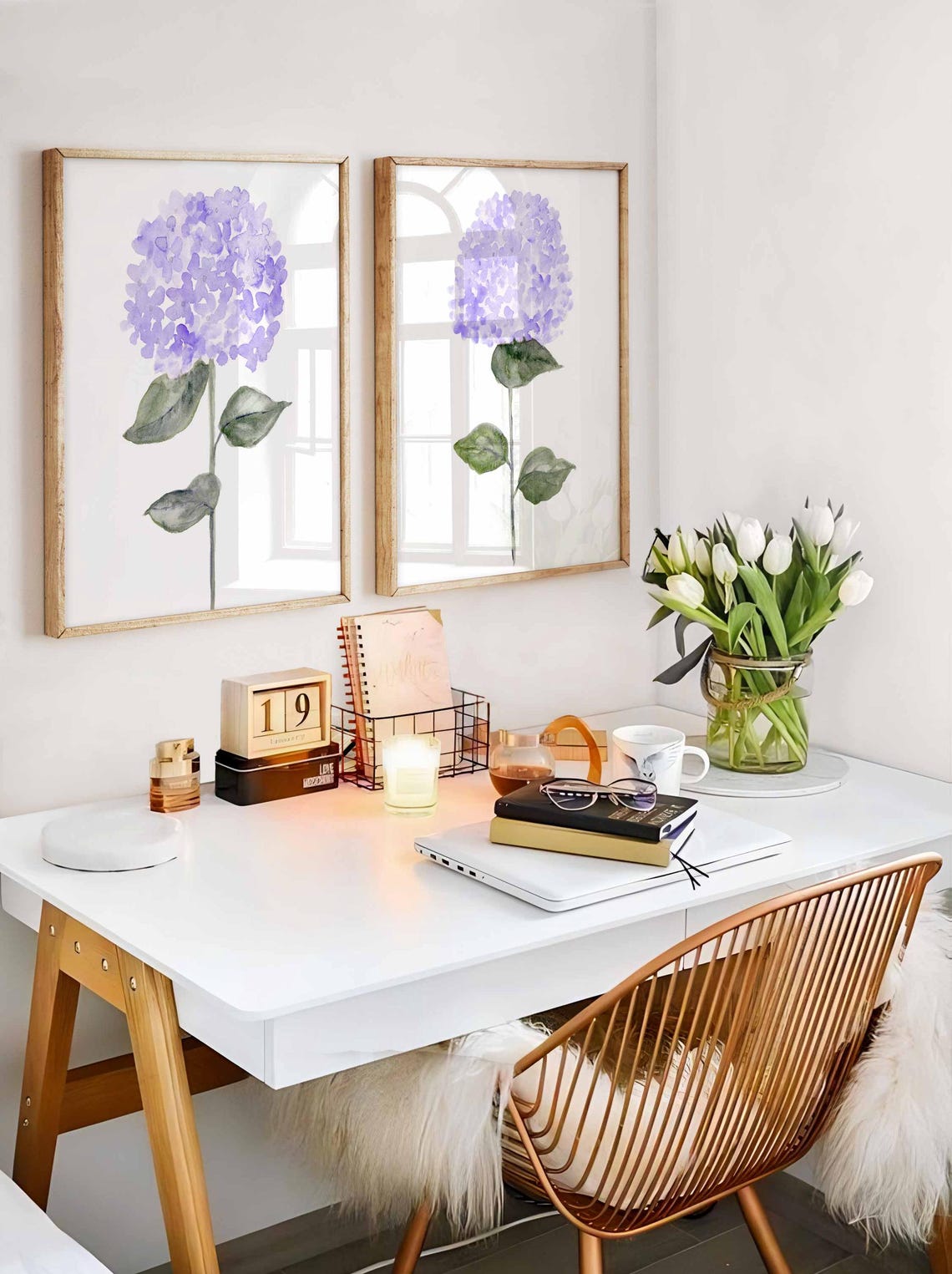 Arte de pared de flores moradas, acuarela de hortensias, juego de dos láminas, pintura de hortensias moradas, láminas florales botánicas, juego de 2 flores Imagen secundaria del producto