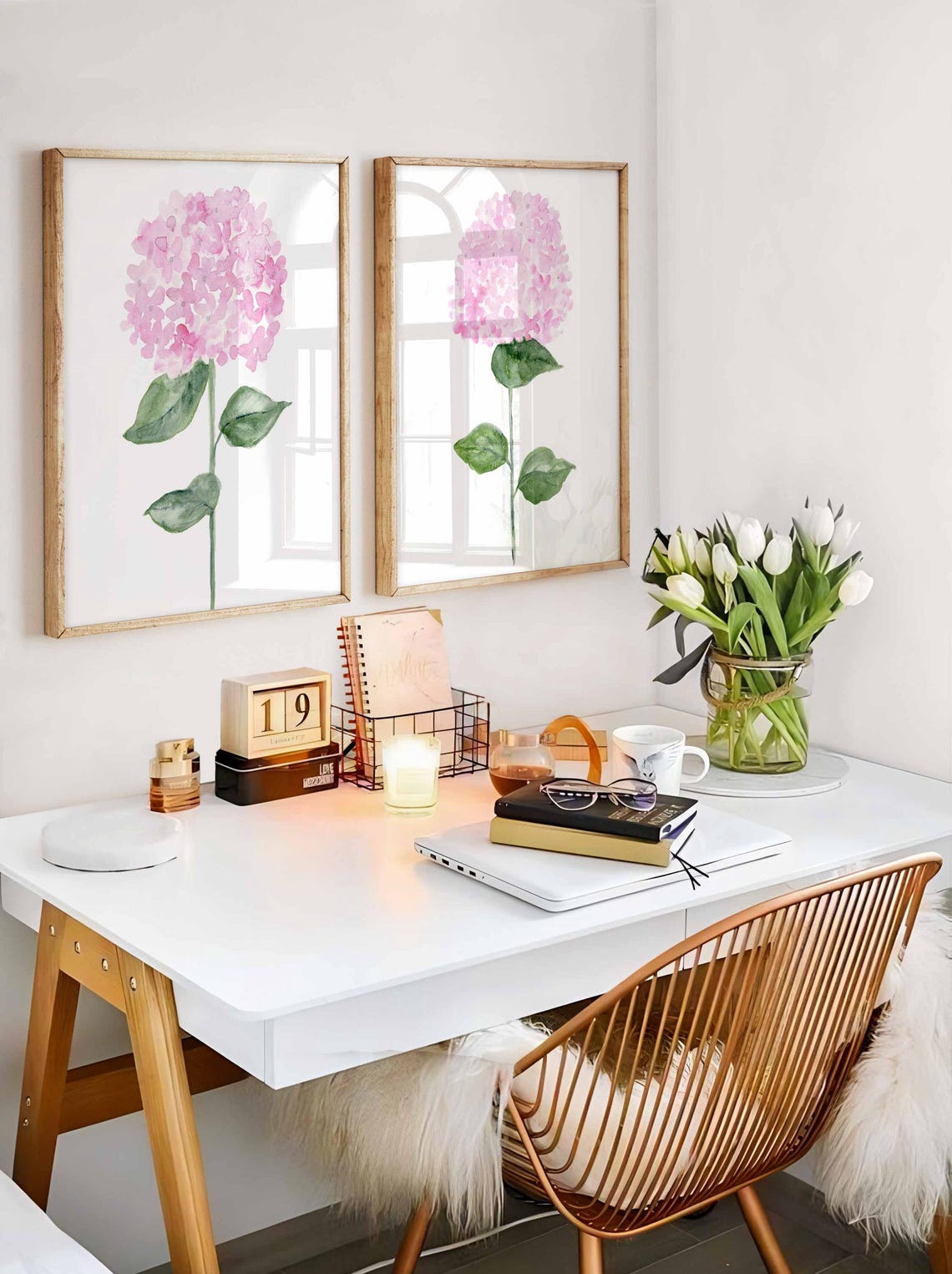 Acuarela Hortensia Rosa, Set de Dos Láminas, Pintura de Hortensia Rosa Suave, Láminas Botánicas Florales, Set de 2 Flores, Arte de Pared de Flores en Tonos Rosados Imagen secundaria del producto