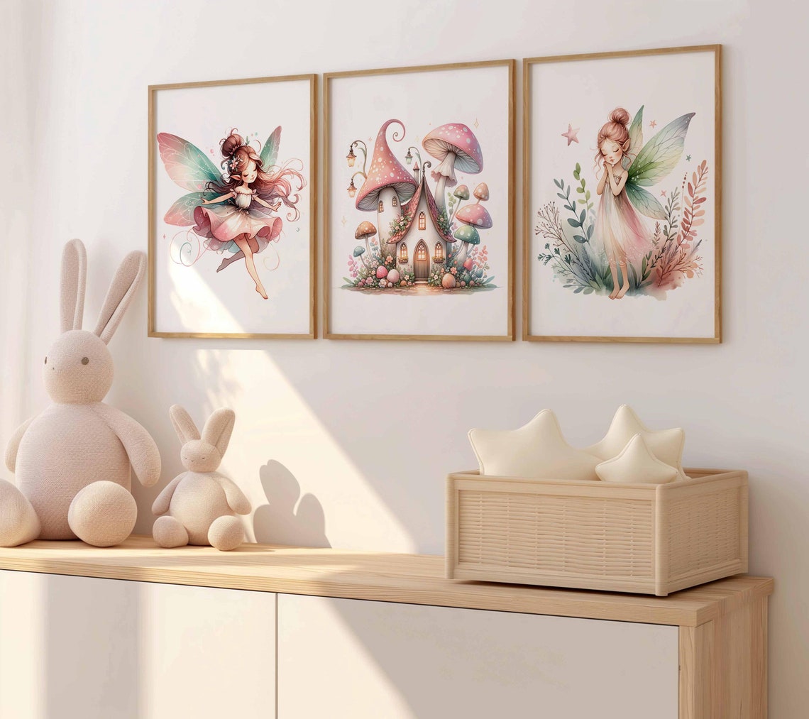 Nursery Art Fairy, Mushroom house print, Fairy garden nursery prints, Set of 3 prints, Enchanted garden, Girl Nursery Wall art