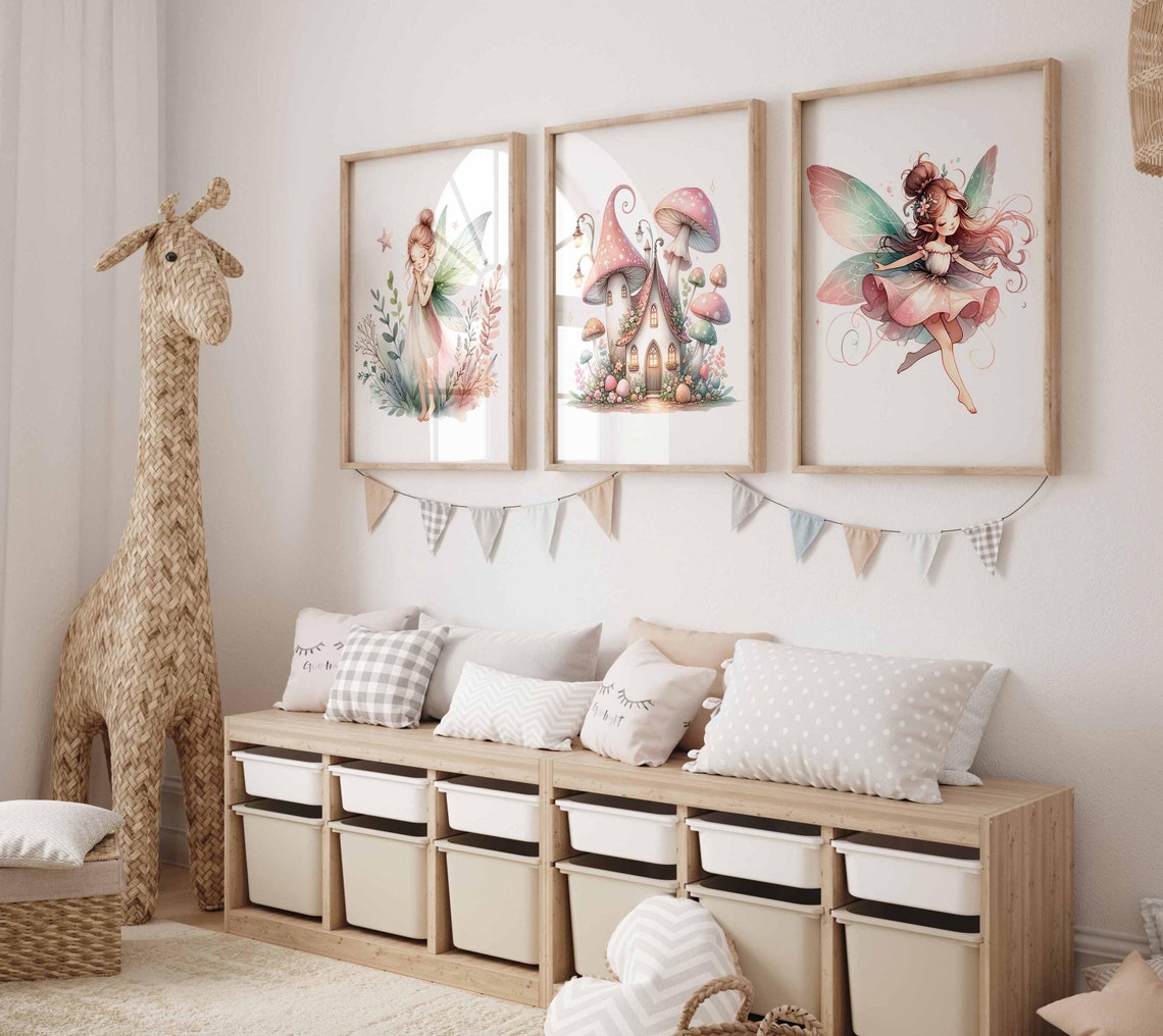 Nursery Art Fairy, Mushroom house print, Fairy garden nursery prints, Set of 3 prints, Enchanted garden, Girl Nursery Wall art Main image