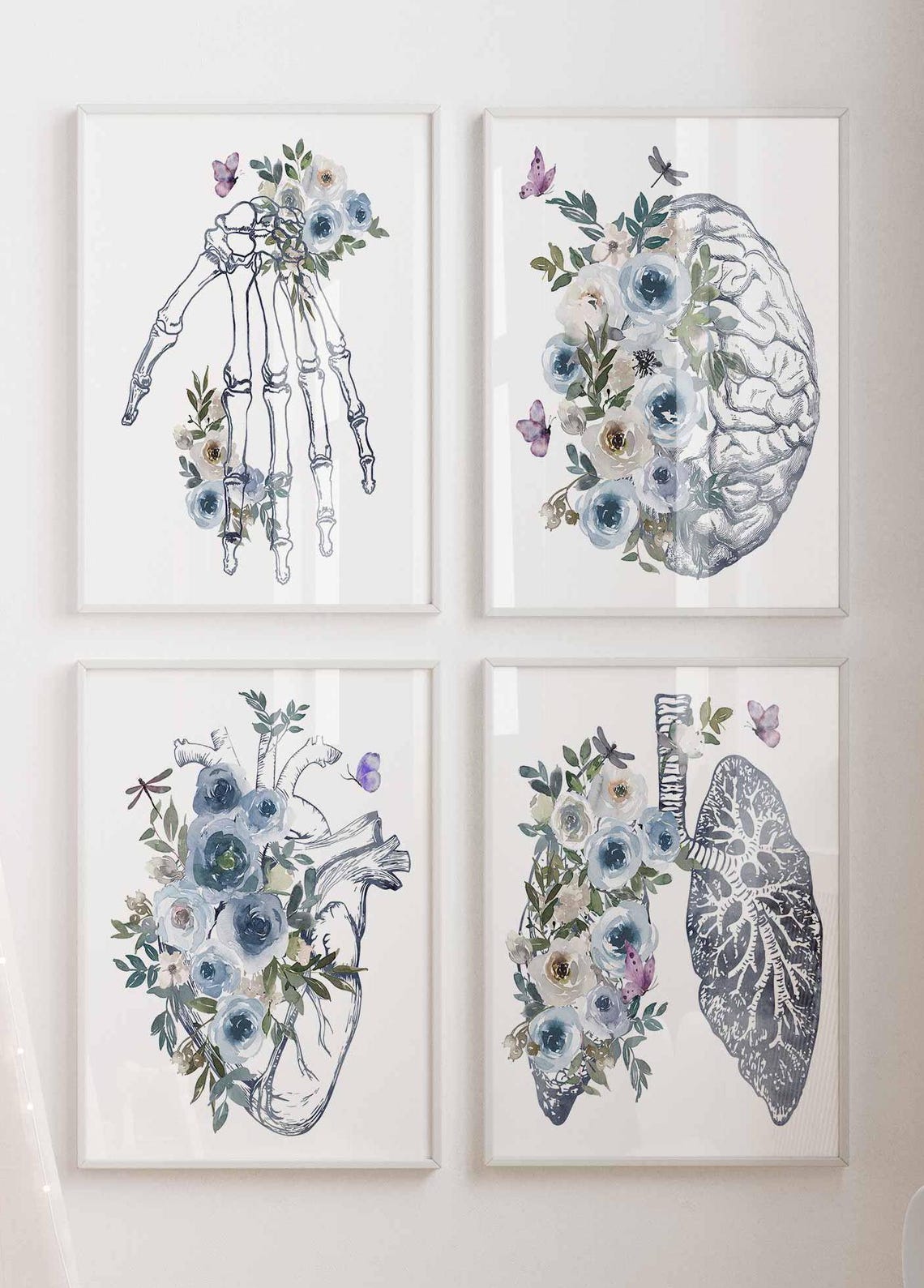 Arte de pared para consultorio médico, Regalos de graduación para médicos, Mano con cerebro, corazón y pulmones, Set de póster de anatomía floral, Lámina de flores anatómicas Imagen secundaria del producto