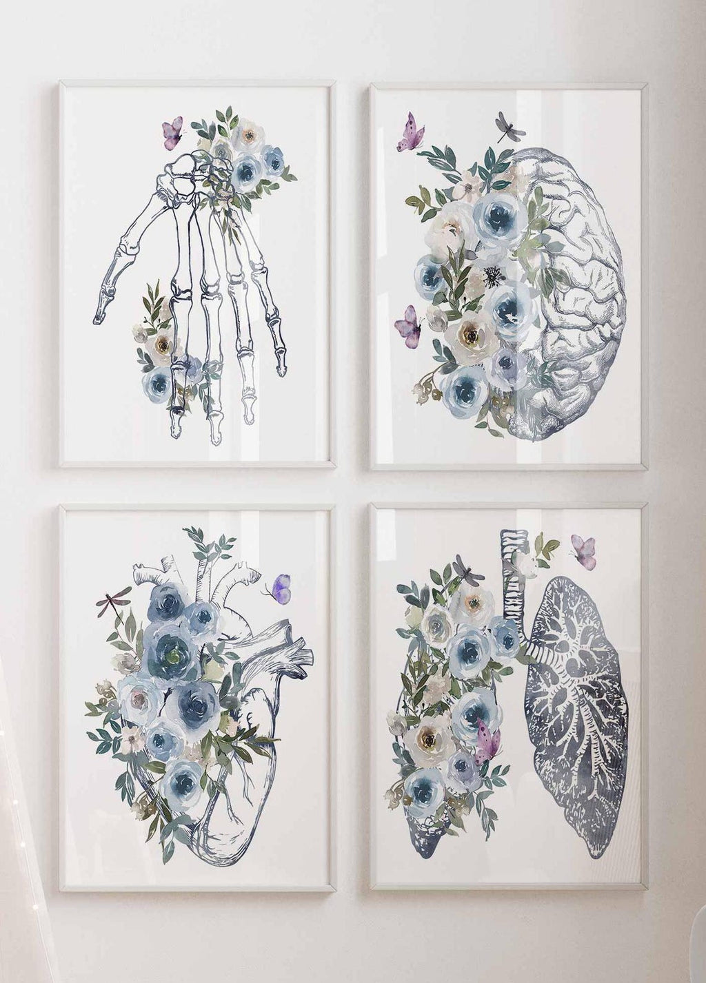 Medical office wall art, Doctor Graduation Gifts, Human Brain heart lungs hand, Floral Anatomy Poster Set, Anatomical flowers Print