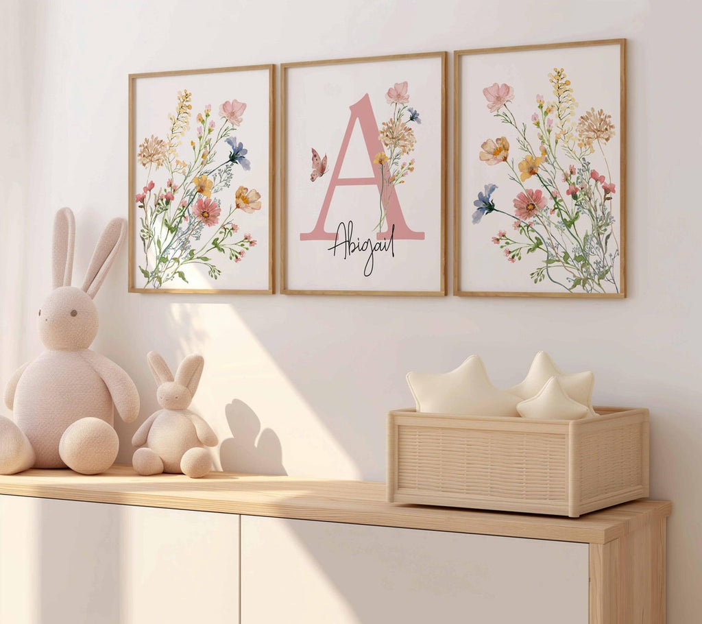 Pink Wildflowers Nursery wall art, Custom Name Nursery, Boho Girl Nursery Decor, Baby Room Name Personalized, Floral Nursery Wall Art
