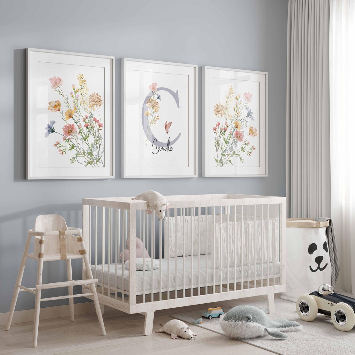 Arte de pared de vivero de flores silvestres azules, vivero de nombre personalizado, decoración de vivero de niña Boho, nombre de habitación de bebé personalizado, arte de pared de vivero floral Imagen secundaria del producto