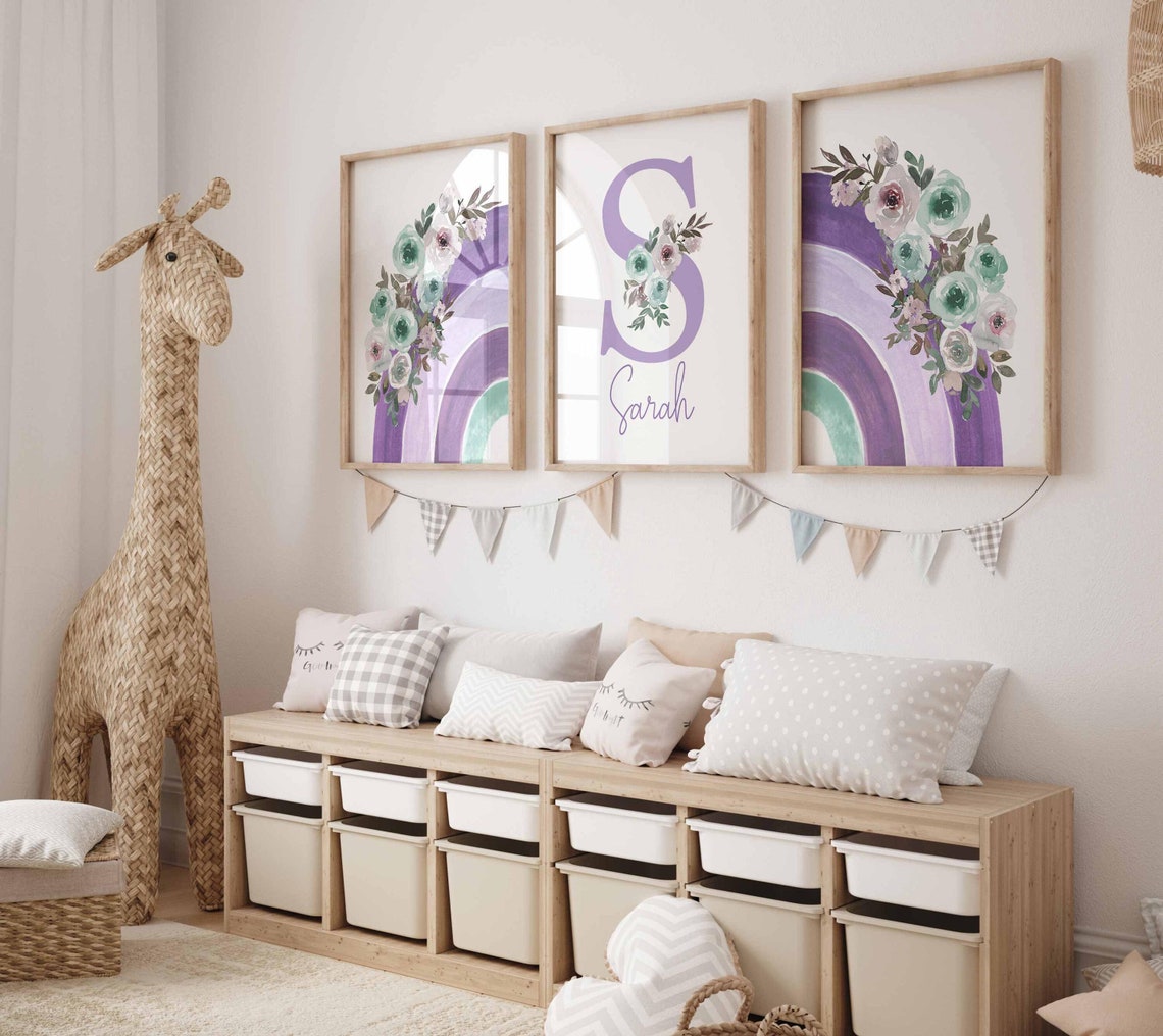 Purple Floral Nursery, Rainbow Baby Girl Nursery Prints, Lavender Nursery wall art, Personalized Baby Name Print, Custom Lilac Nursery Main image