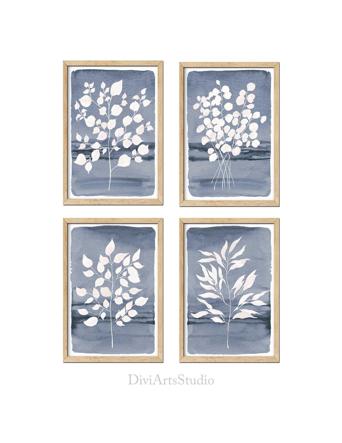 Blue Leaf Wall Art, Prints set of 4 Eucalyptus leaf Print, Watercolor Botanical Leaf Print, Minimalist art, Navy Leaf Decor, Bathroom Prints Main image