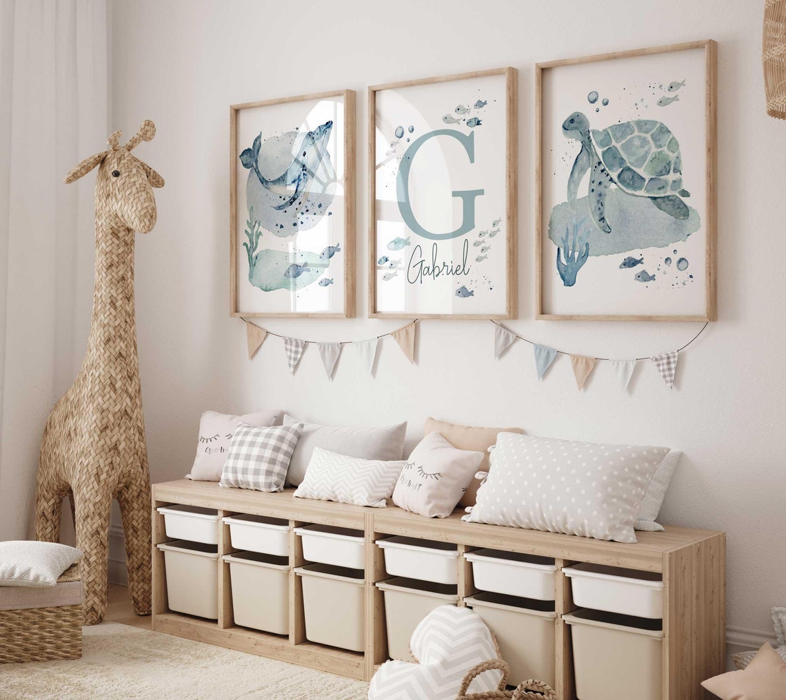 Ocean Nursery Prints, Sea Theme Boy Nursery Wall Art, Sea Animals Personalized Name Print, Whale Turtle Fish Baby Room Decor Custom Name