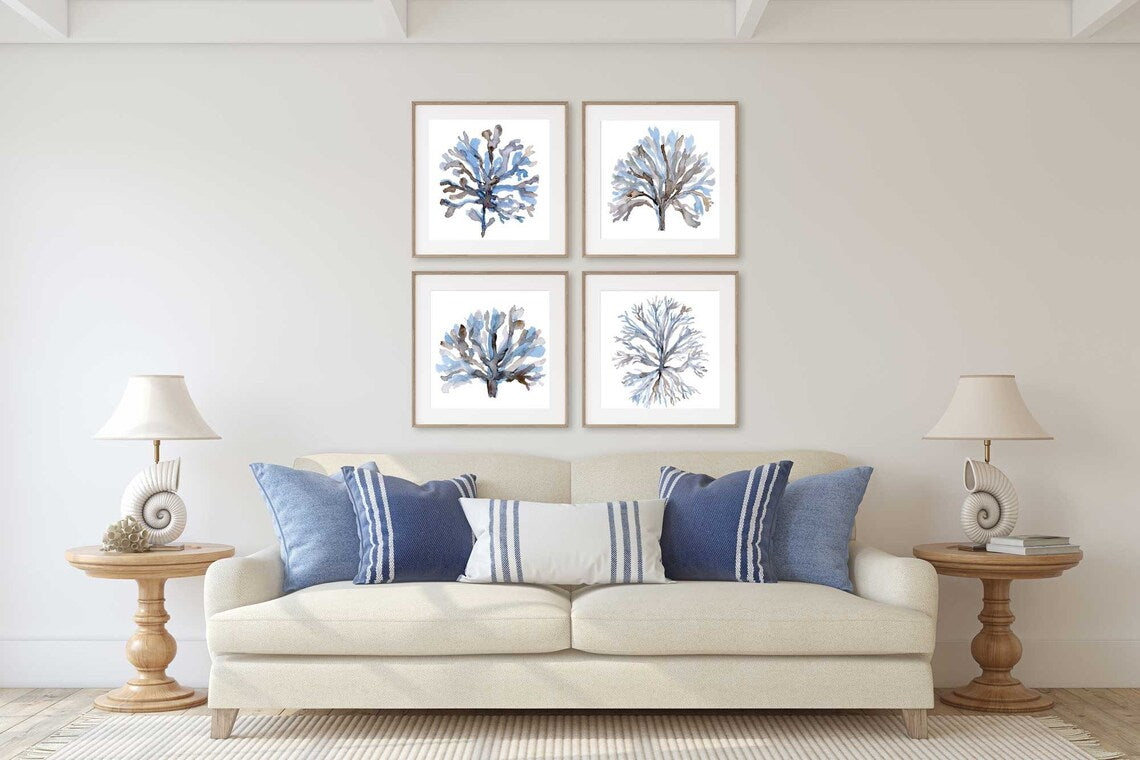 Seaweed Square Wall Art, Blue Coral Coastal, Wall Art Set of 4 Prints, Navy Minimalist Watercolor Painting Beach House Spring Summer Art Secondary image