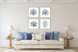 Seaweed Square Wall Art, Blue Coral Coastal, Wall Art Set of 4 Prints, Navy Minimalist Watercolor Painting Beach House Spring Summer Art