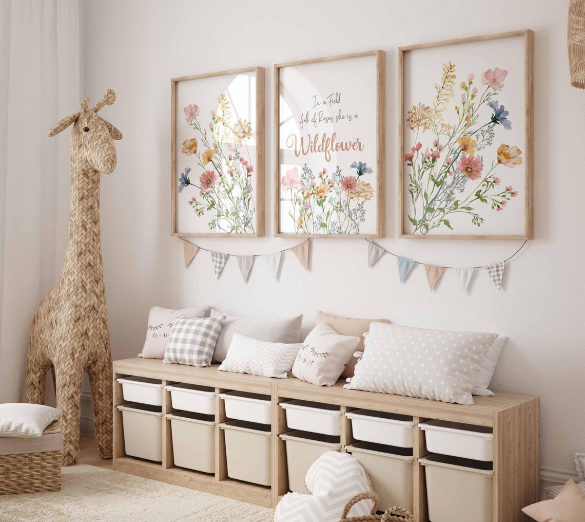 Boho Wildflowers Nursery, In a field of roses, Baby Girl Nursery Print, Pastel Flowers wall art, Nursery she is a wildflower Print Main image
