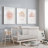 Boho Girl Nursery, Sun Rainbow Cloud Name, Personalized baby girl room decor, Cute wall art prints for kids, Watercolor Set of 3 Artwork