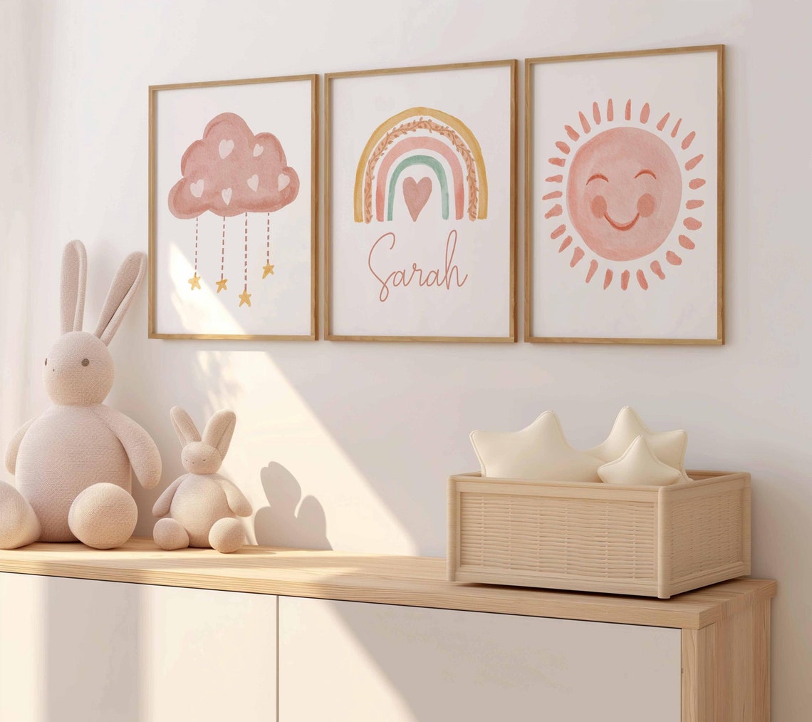 Boho Girl Nursery, Sun Rainbow Cloud Name, Personalized baby girl room decor, Cute wall art prints for kids, Watercolor Set of 3 Artwork