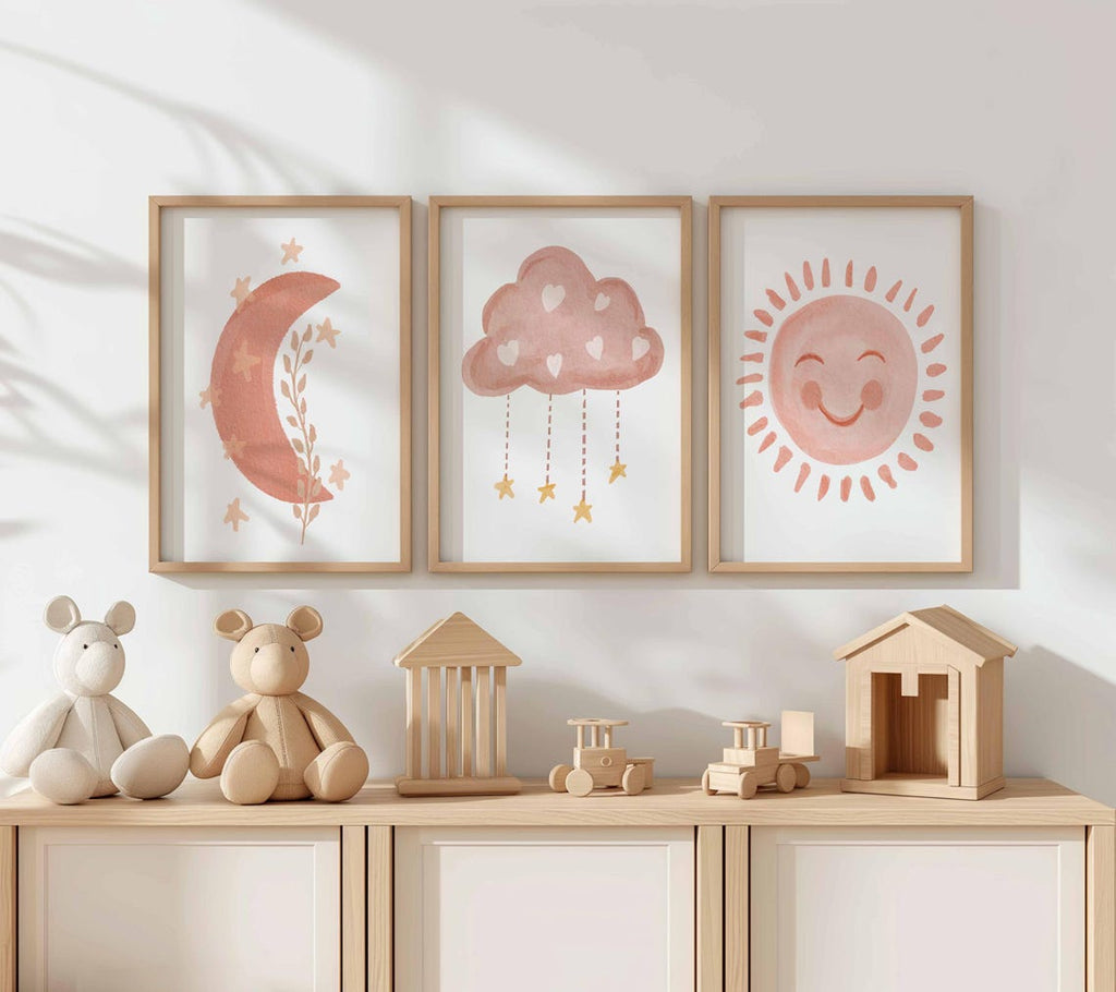 Moon, cloud and sun set of 3 above a shelf with wooden toys