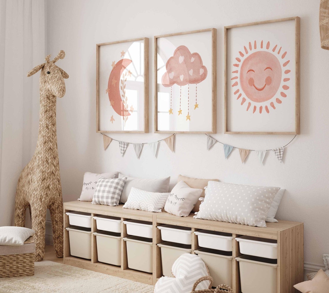 Sun Moon Cloud Nursery Print, Set of 3 Boho Art, Neutral Baby room Decor, Pastel Stars heart watercolor Blush girl kids illustration Main image